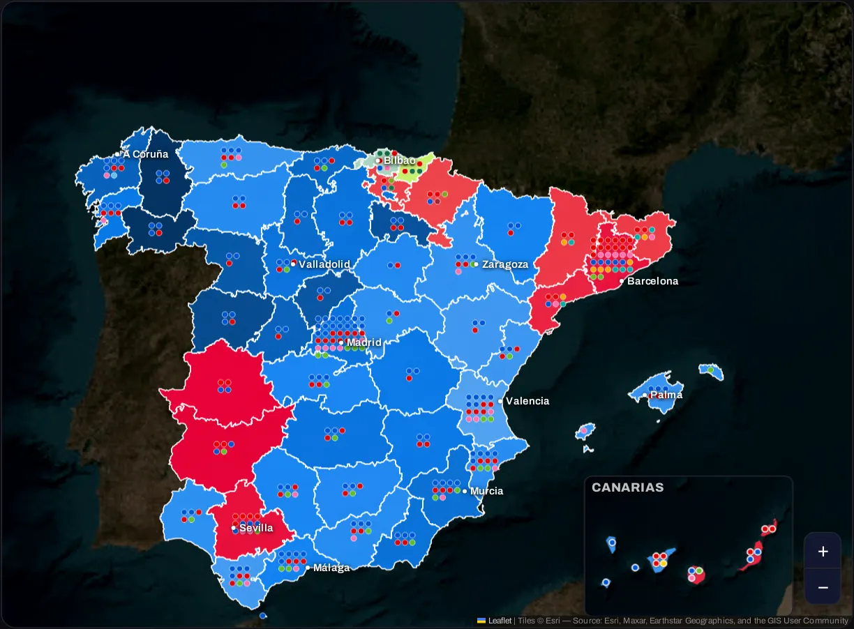 Mapa de España por provincias con los escaños de las elecciones generales de julio de 2023
