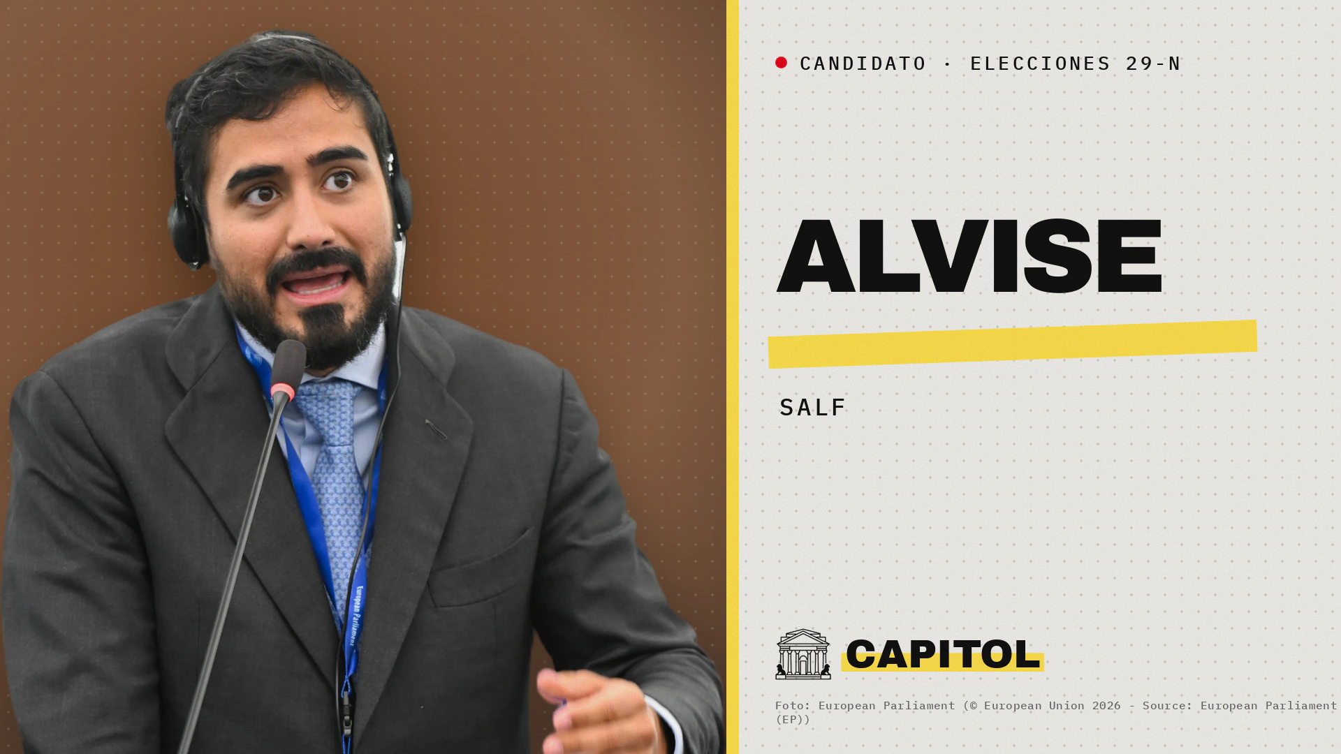 Portada de la ficha de Alvise Pérez, candidato de SALF por Madrid a las elecciones generales del 29 de noviembre de 2026