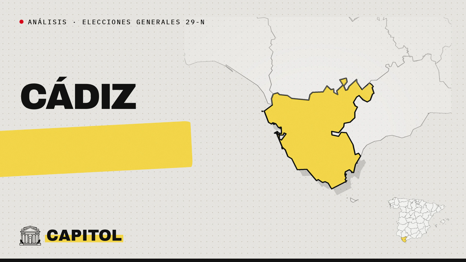 Mapa de la provincia de Cádiz resaltada en amarillo con la marca de Capitol