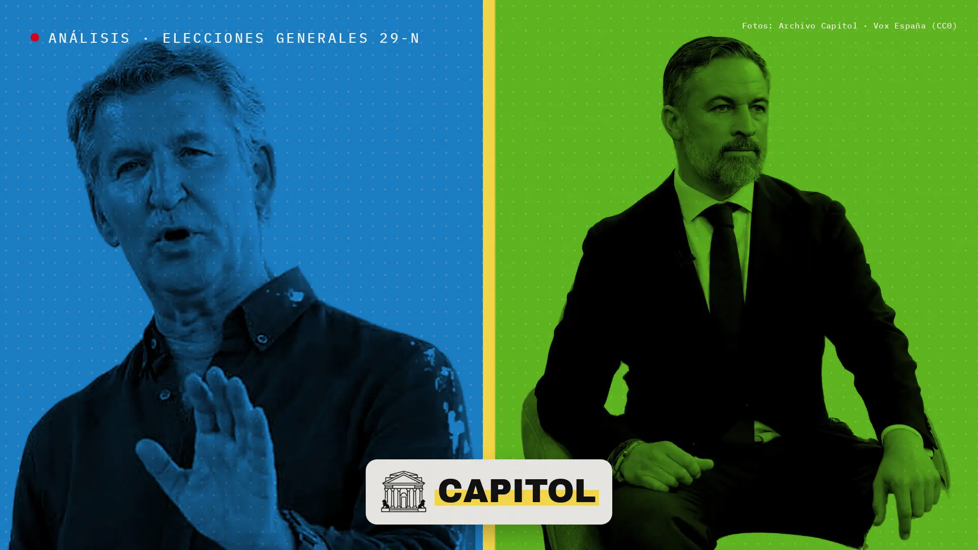 Portada de Capitol con Alberto Núñez Feijóo y Santiago Abascal en duotono azul y verde, análisis de las elecciones generales del 29-N en Castilla y León
