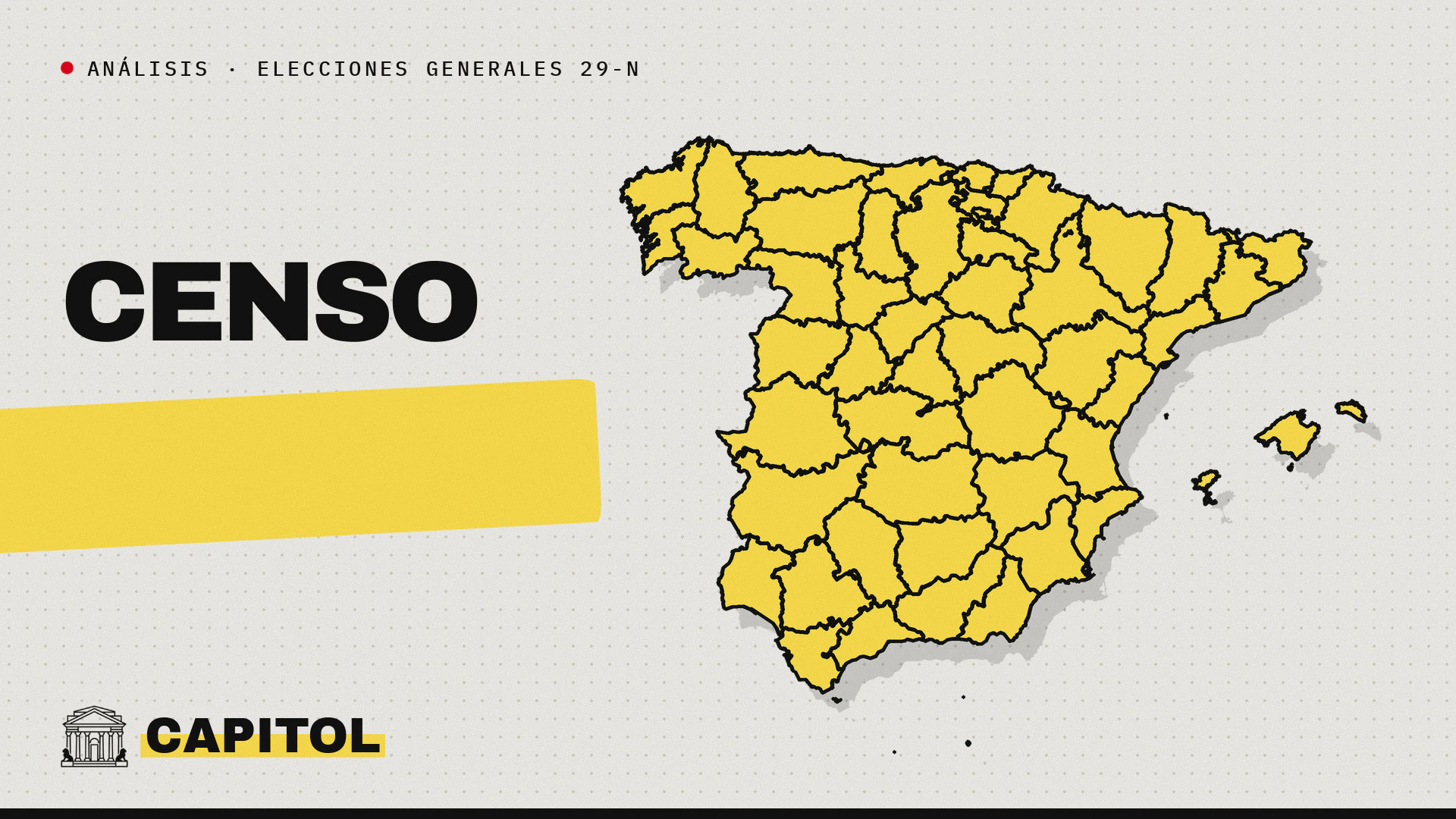 Mapa de España con todas las provincias en amarillo y la palabra censo, con la marca de Capitol