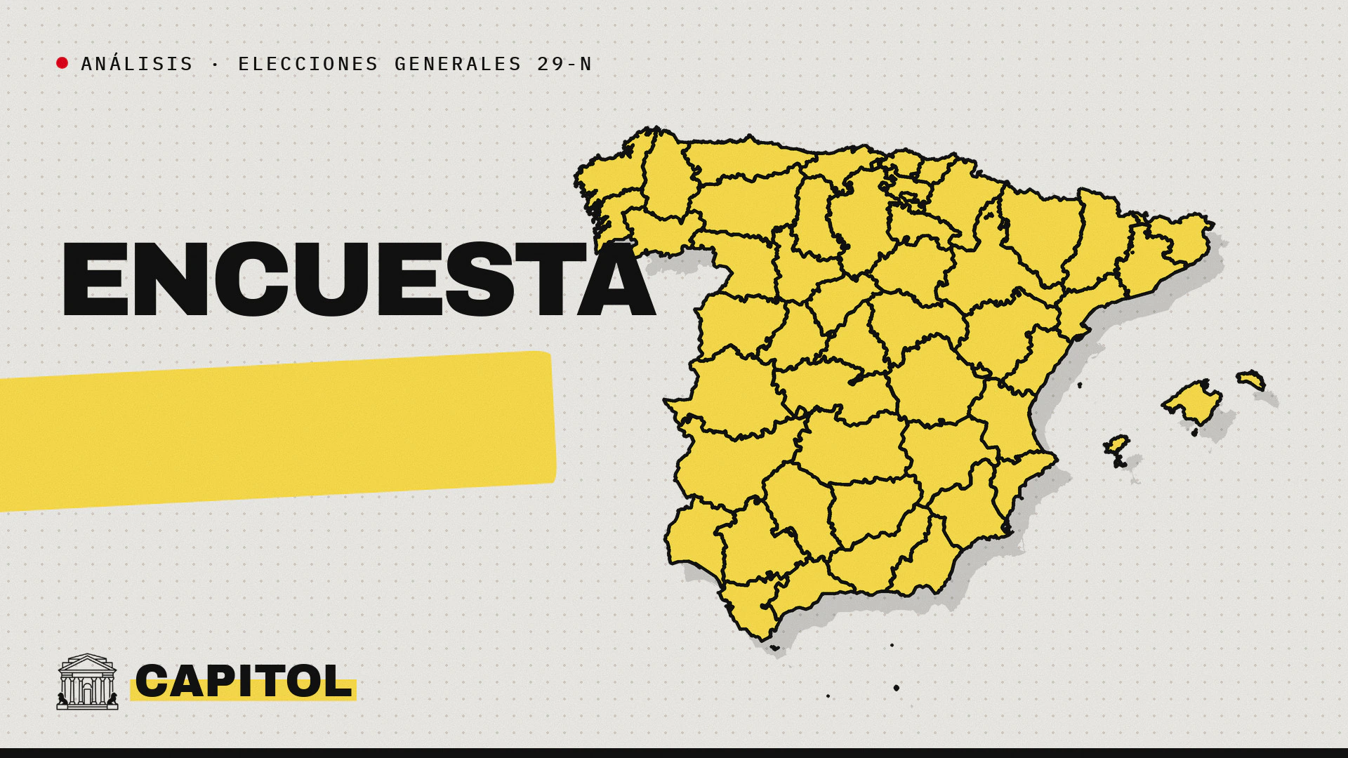 Mapa de España en amarillo con la palabra Encuesta y la marca de Capitol