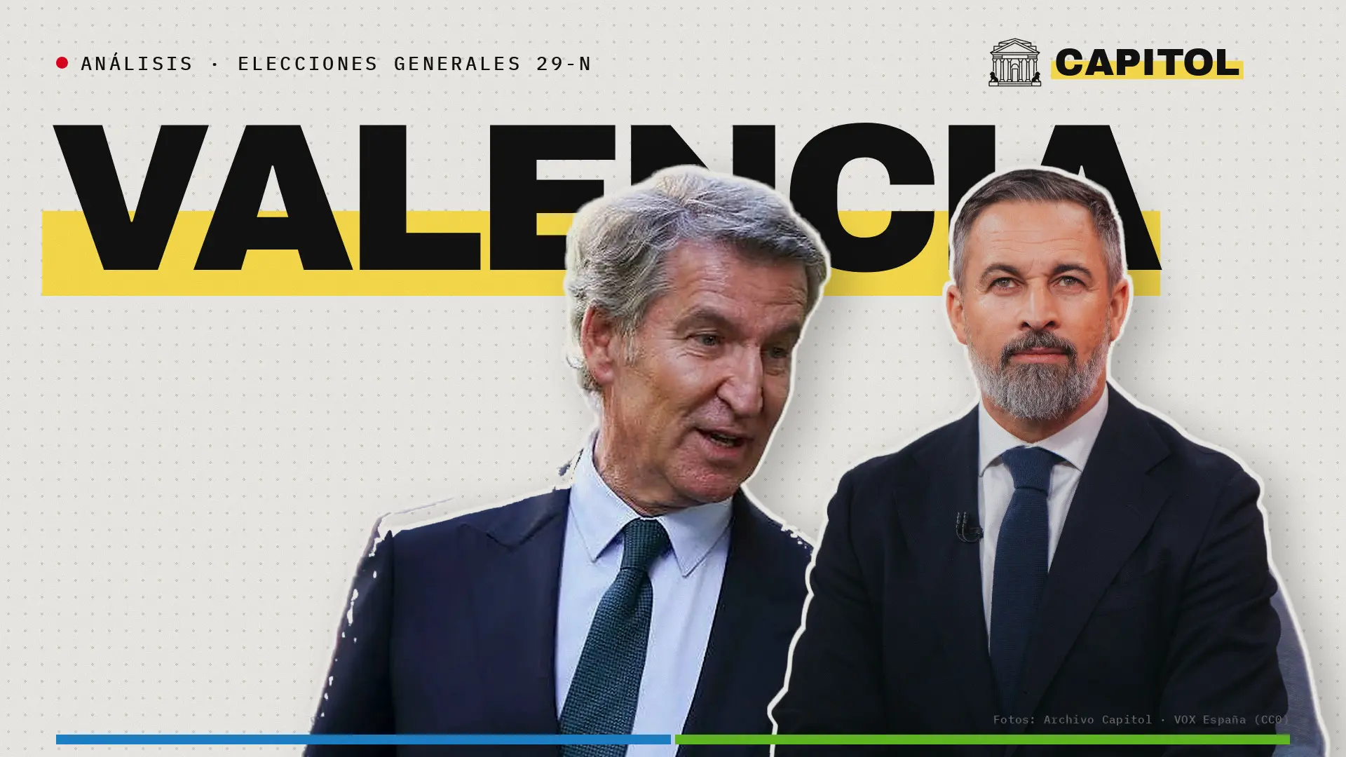 Portada de Capitol con Alberto Núñez Feijóo y Santiago Abascal sobre la palabra Valencia, análisis de las elecciones generales del 29-N