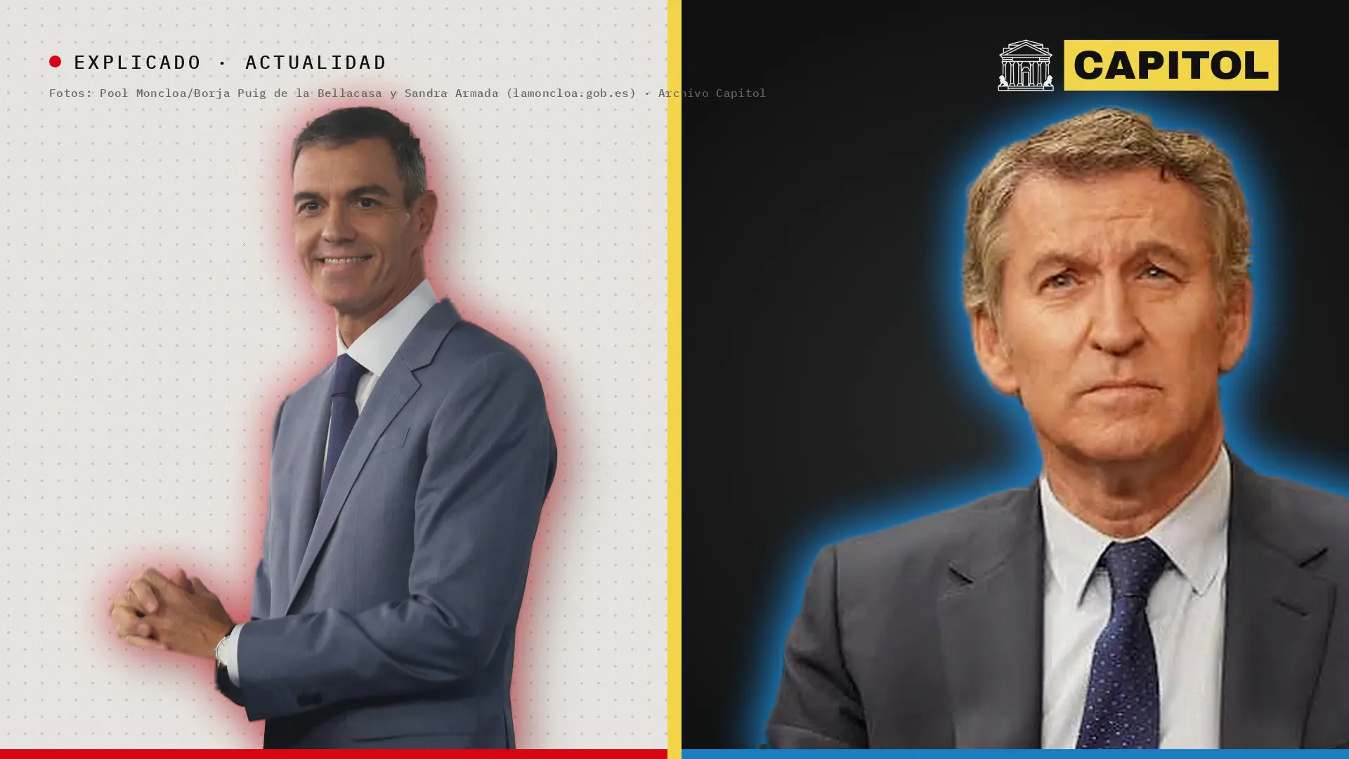 Portada de Capitol con Pedro Sánchez y Alberto Núñez Feijóo enfrentados y el rótulo Explicado · Actualidad, para el explicador sobre las reglas del debate electoral de 2026