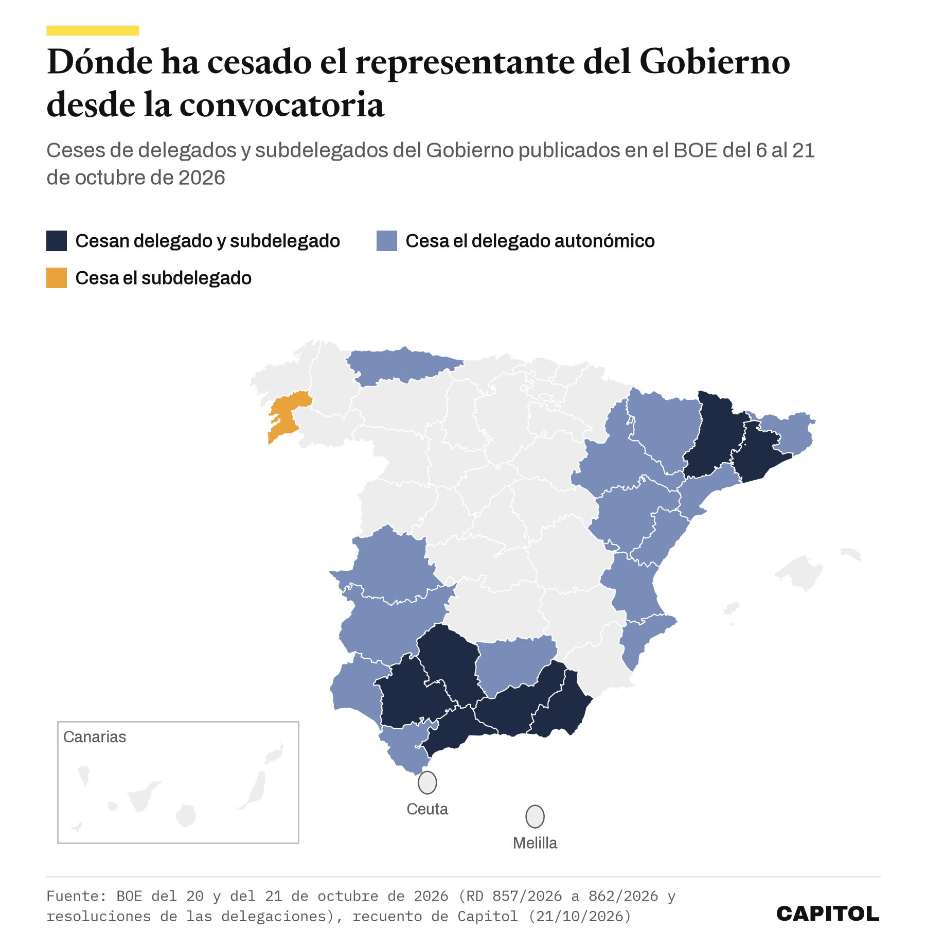 Mapa de España por provincias. Cesan delegado y subdelegado en Barcelona, Lleida, Sevilla, Málaga, Granada, Almería y Córdoba. Cesa el delegado autonómico en el resto de Cataluña y Andalucía, en Asturias, la Comunitat Valenciana, Aragón y Extremadura. Cesa el subdelegado en Pontevedra.