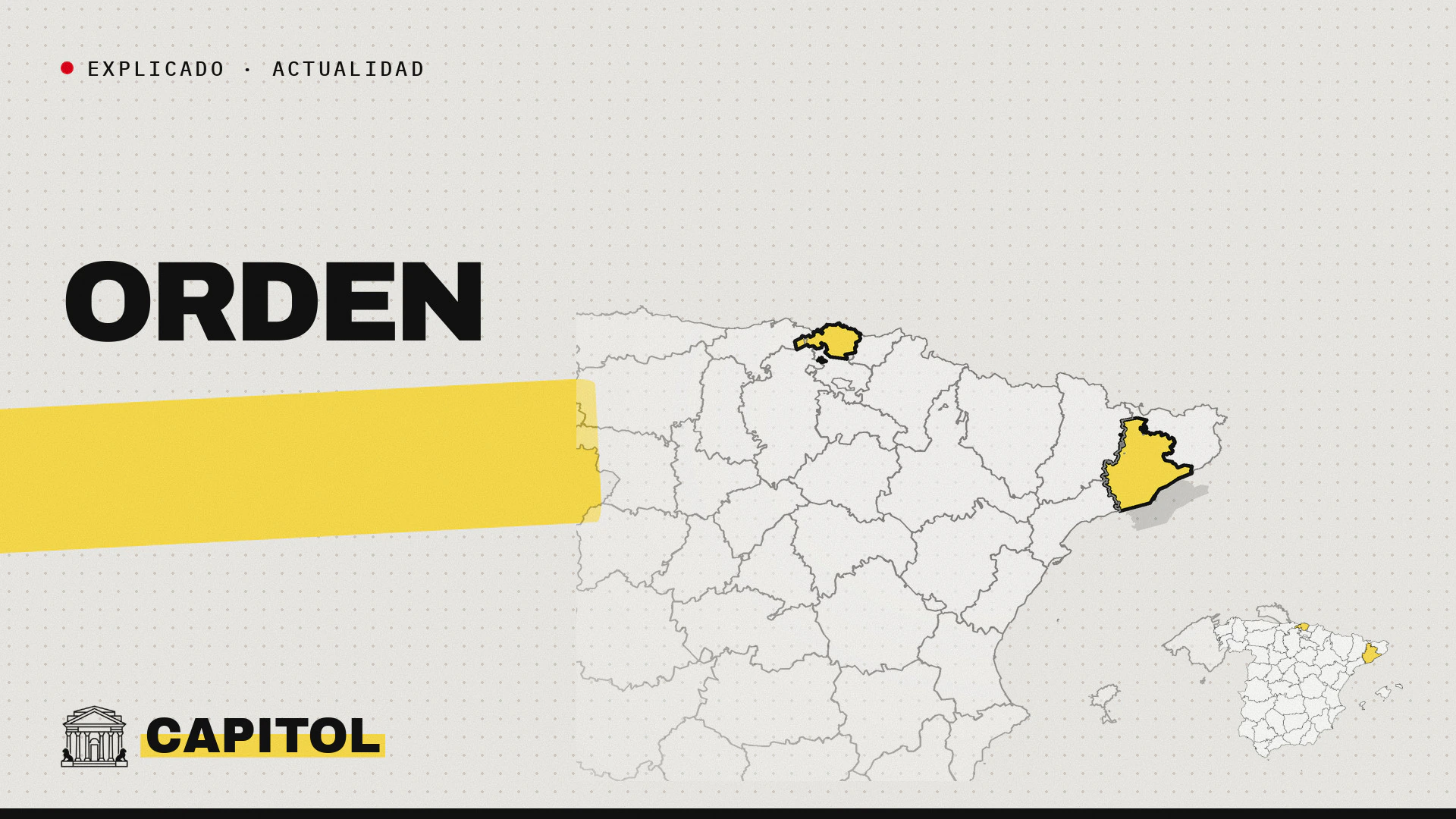 Mapa de España con Barcelona y Bizkaia resaltadas y la palabra Orden, portada de Capitol sobre los desórdenes públicos