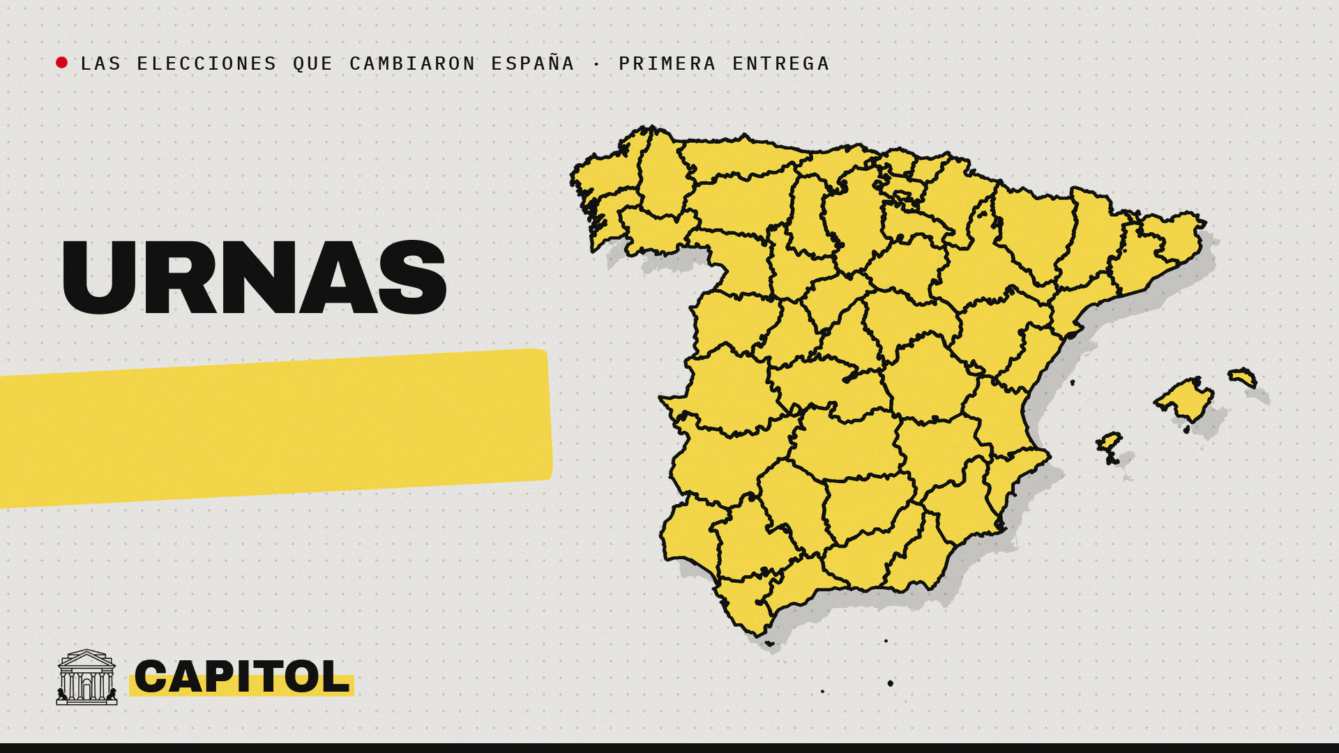 Mapa de España con la palabra Urnas, portada de la serie Las elecciones que cambiaron España