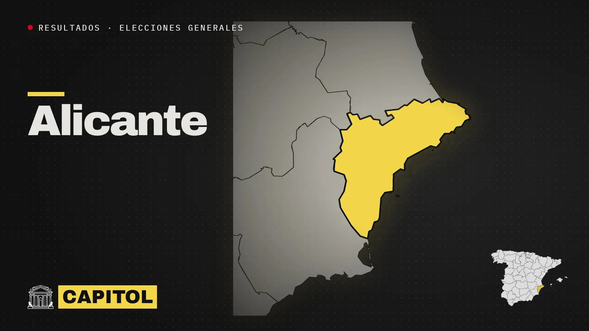 Portada de Capitol con el mapa de la provincia de Alicante resaltado en amarillo, resultados de las elecciones generales