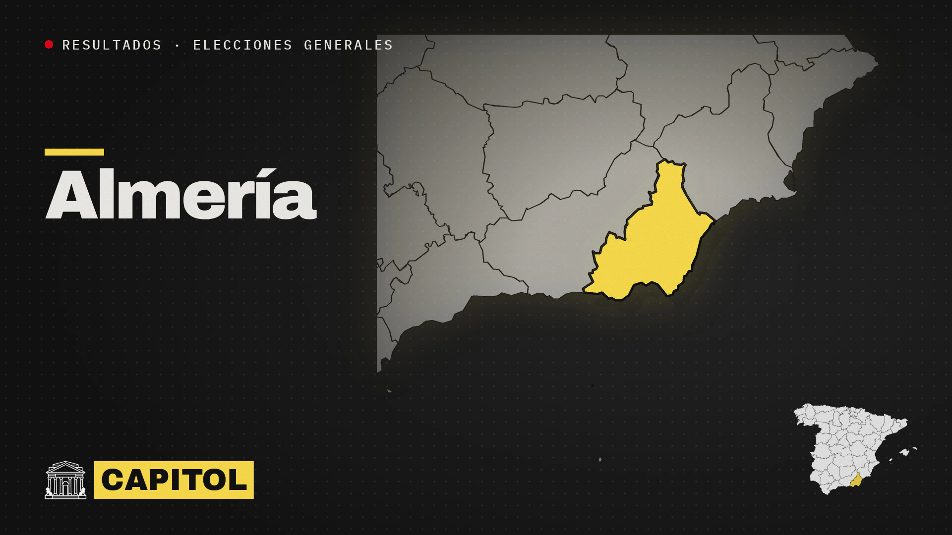 Portada de Capitol con el mapa de la provincia de Almería resaltado en amarillo, resultados de las elecciones generales