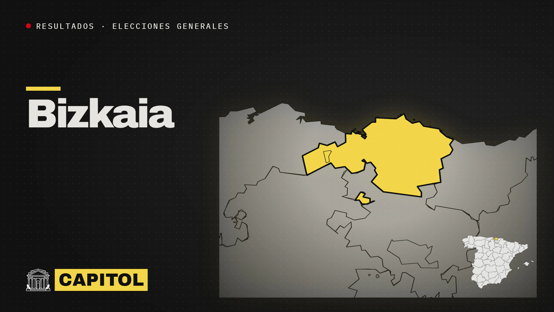 Portada de Capitol con el mapa de la provincia de Bizkaia resaltado en amarillo, resultados de las elecciones generales