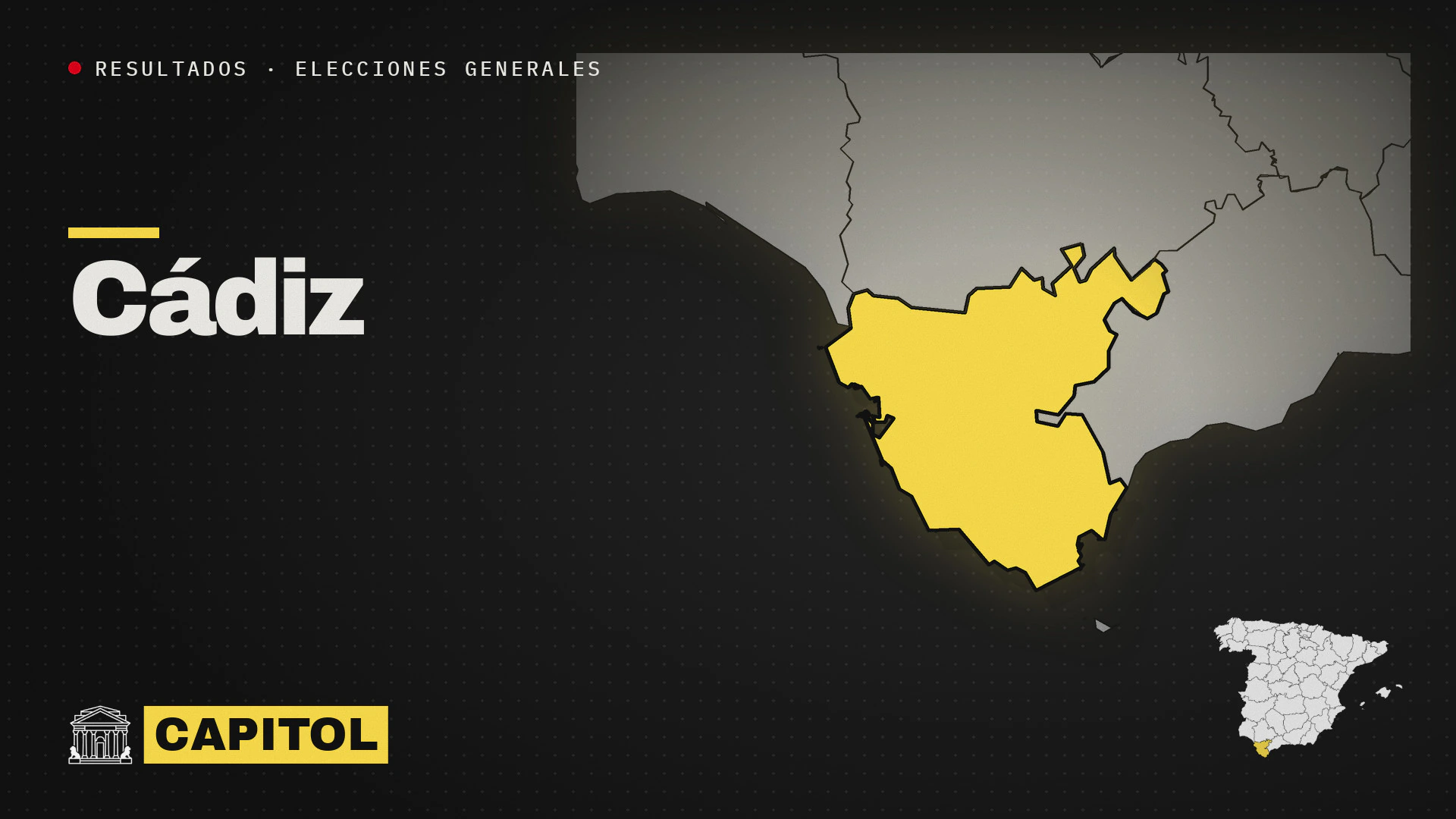Portada de Capitol con el mapa de la provincia de Cádiz resaltado en amarillo, resultados de las elecciones generales