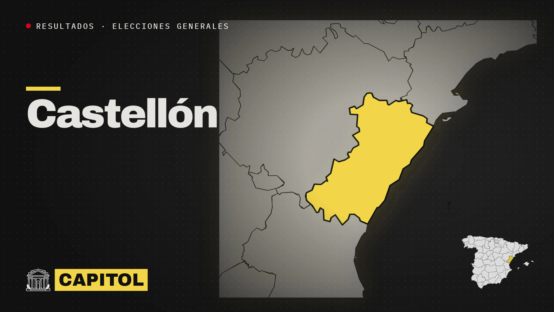 Portada de Capitol con el mapa de la provincia de Castellón resaltado en amarillo, resultados de las elecciones generales