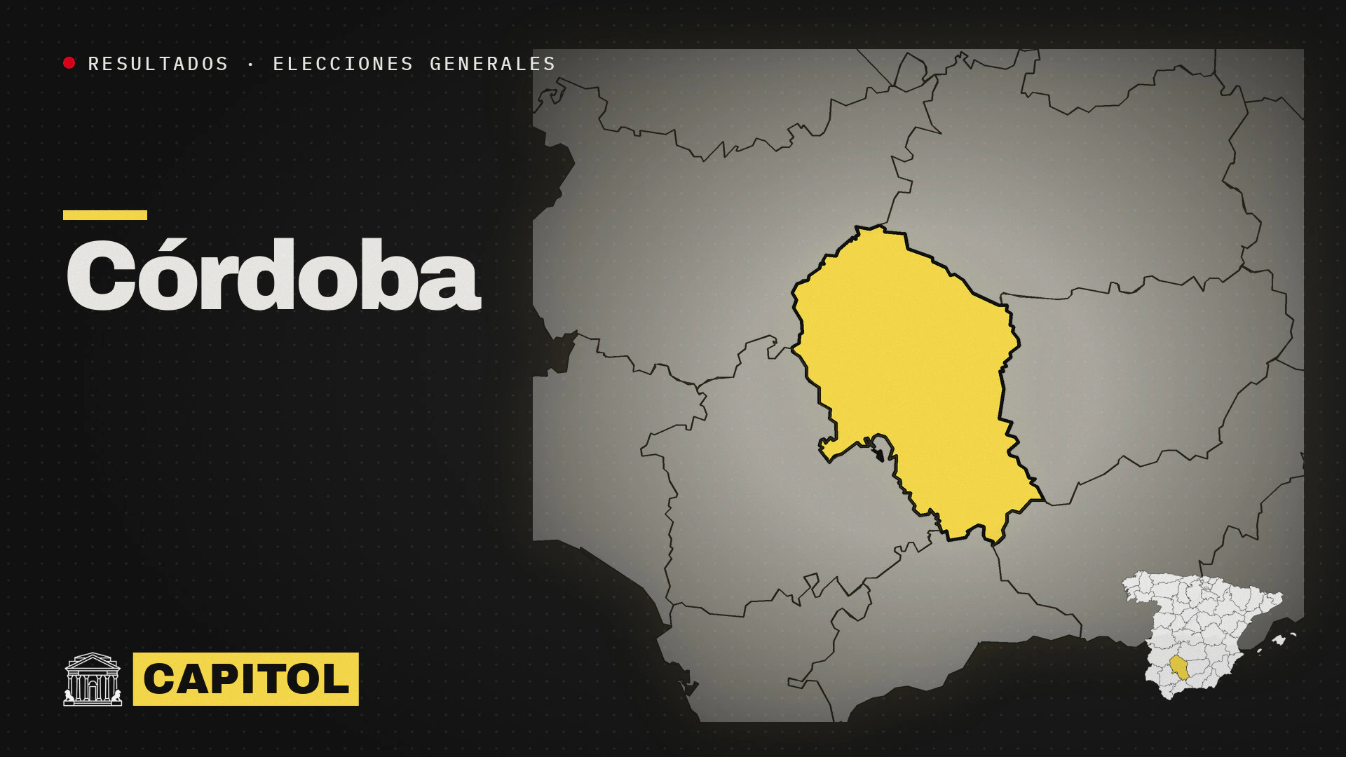 Mapa de la provincia de Córdoba resaltada en amarillo con el rótulo Resultados de las elecciones generales