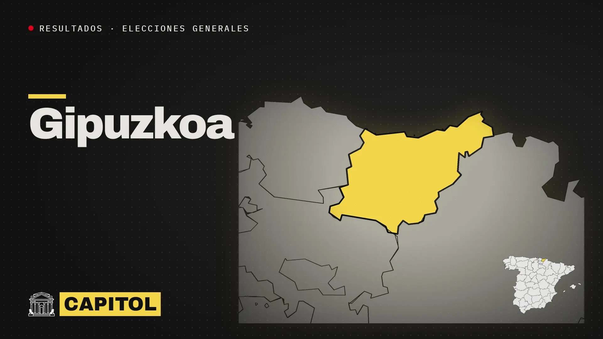 Portada de Capitol con el mapa de la provincia de Gipuzkoa resaltado en amarillo, resultados de las elecciones generales