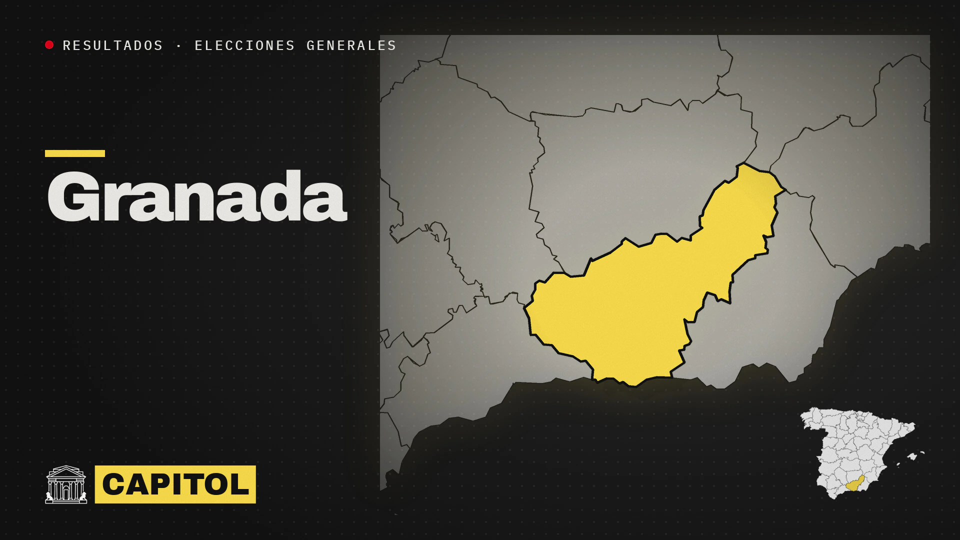 Portada de Capitol con el mapa de la provincia de Granada resaltado en amarillo, resultados de las elecciones generales