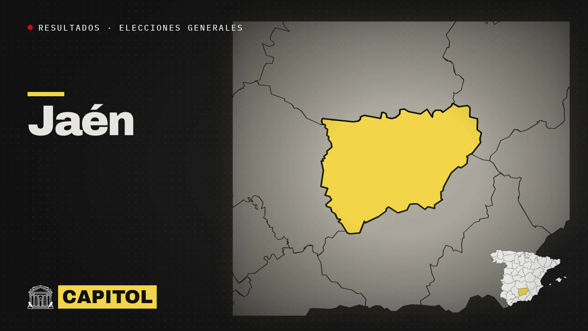 Mapa de la provincia de Jaén resaltada en amarillo con el rótulo Resultados de las elecciones generales