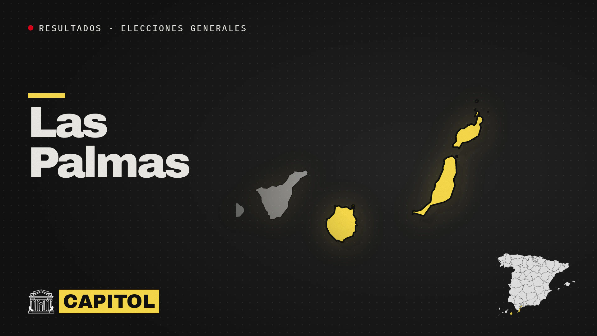 Portada de Capitol con el mapa de la provincia de Las Palmas, Gran Canaria, Lanzarote y Fuerteventura, resaltado en amarillo, resultados de las elecciones generales