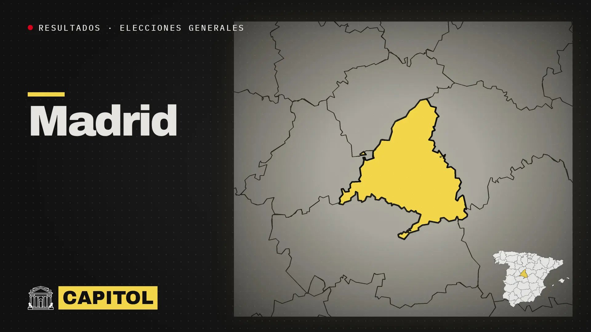 Portada de Capitol con el mapa de la provincia de Madrid resaltado en amarillo, resultados de las elecciones generales