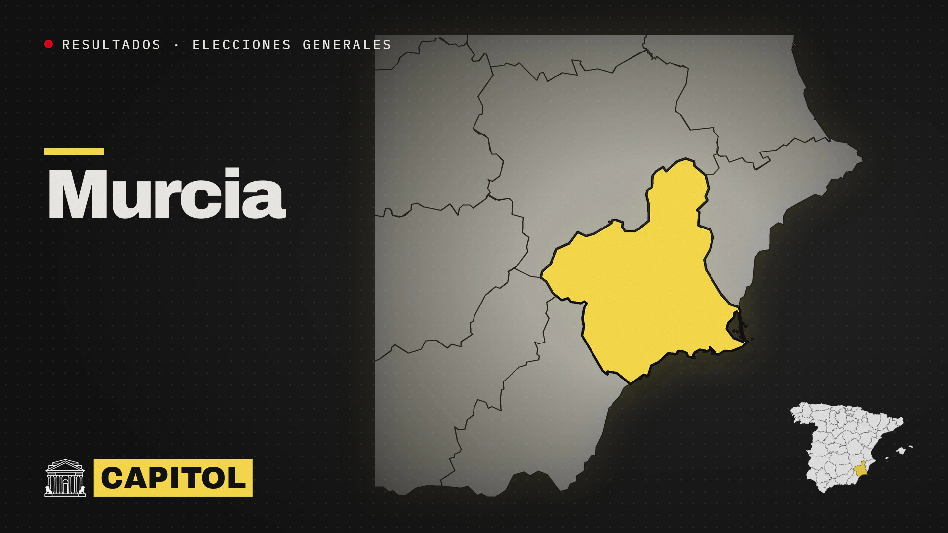 Portada de Capitol con el mapa de la provincia de Murcia resaltado en amarillo, resultados de las elecciones generales