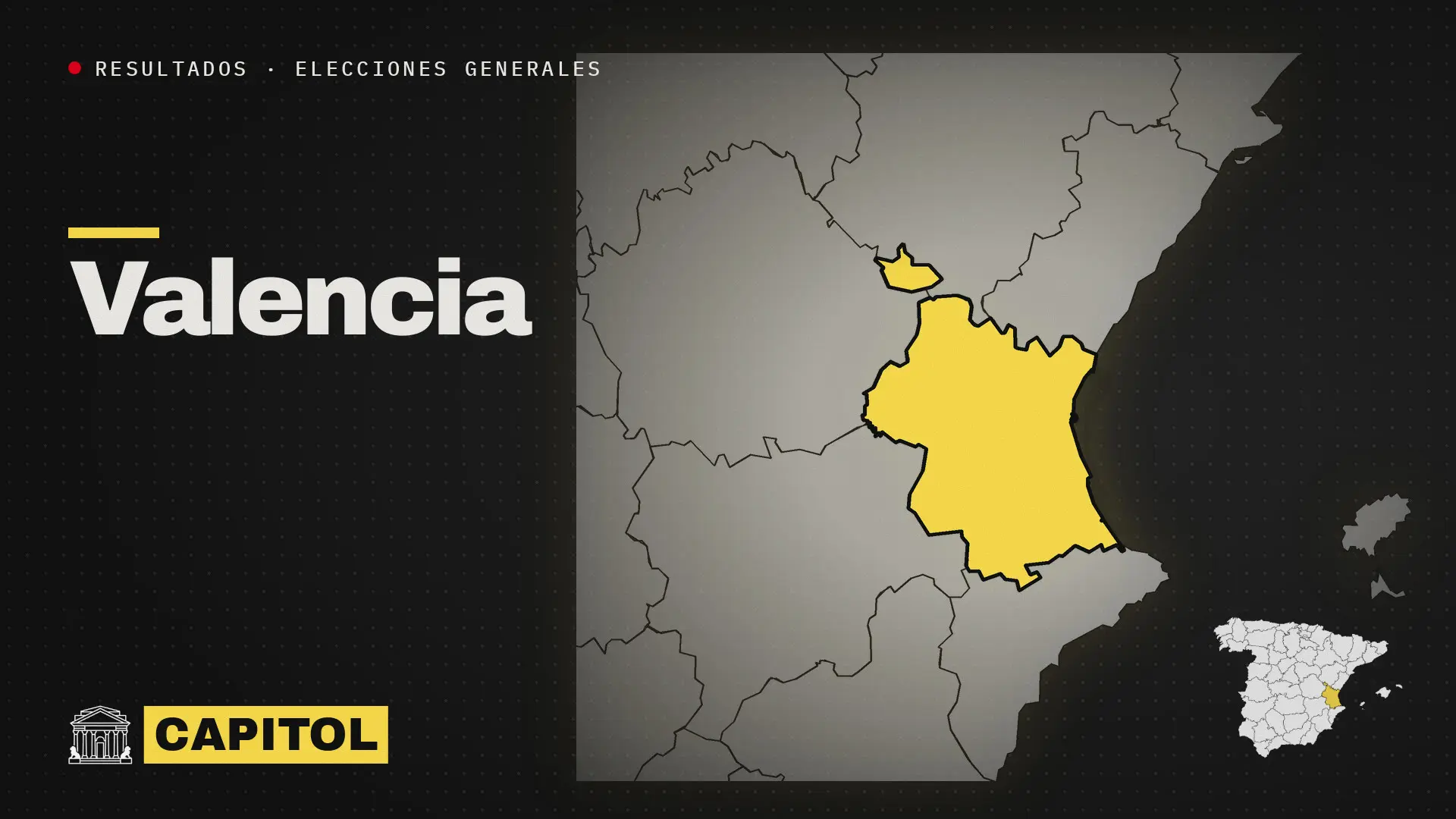 Portada de Capitol con el mapa de la provincia de Valencia resaltado en amarillo, resultados de las elecciones generales