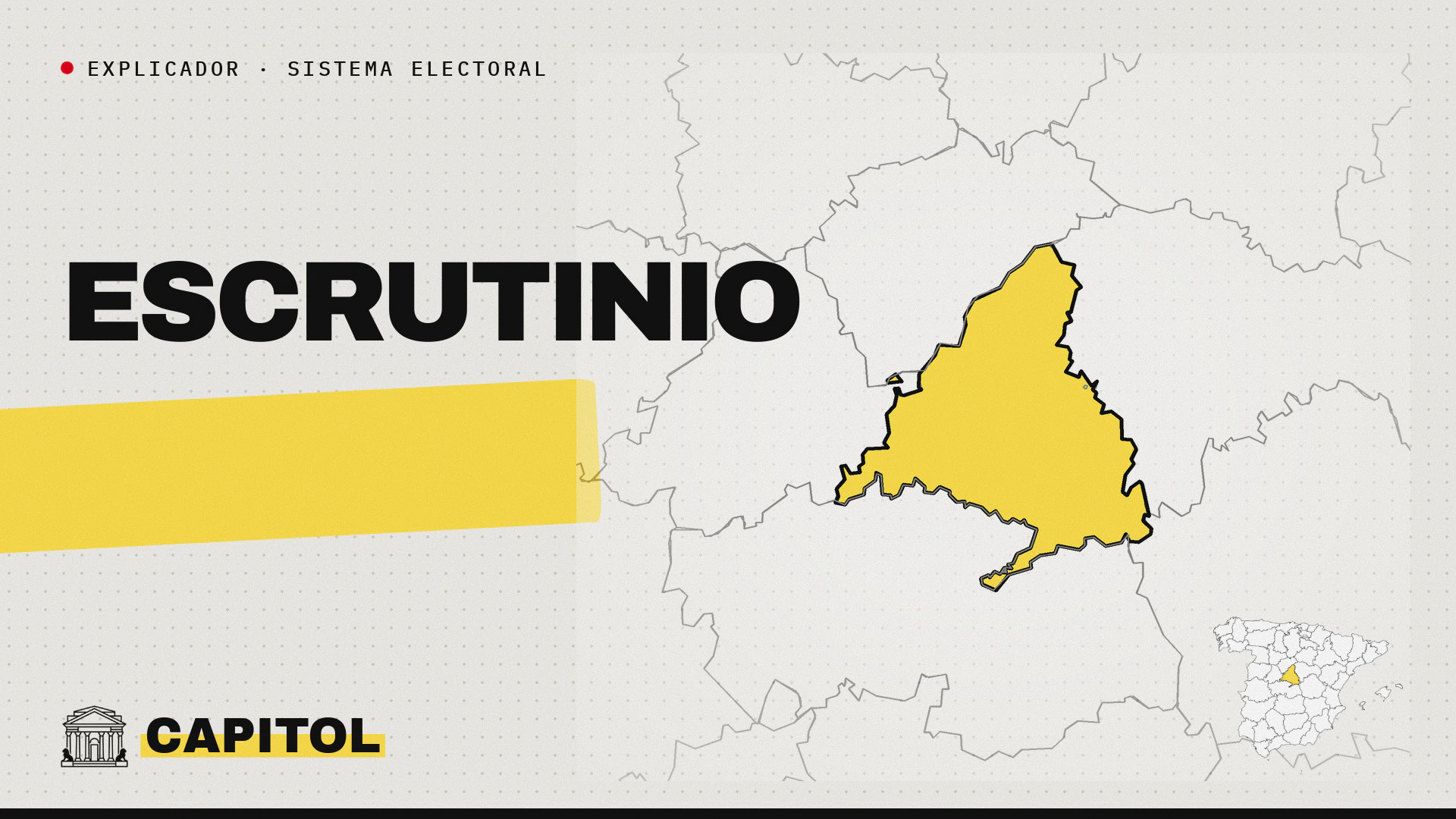 Mapa de la provincia de Madrid con la palabra Escrutinio, explicador de Capitol sobre el escrutinio general del 29-N