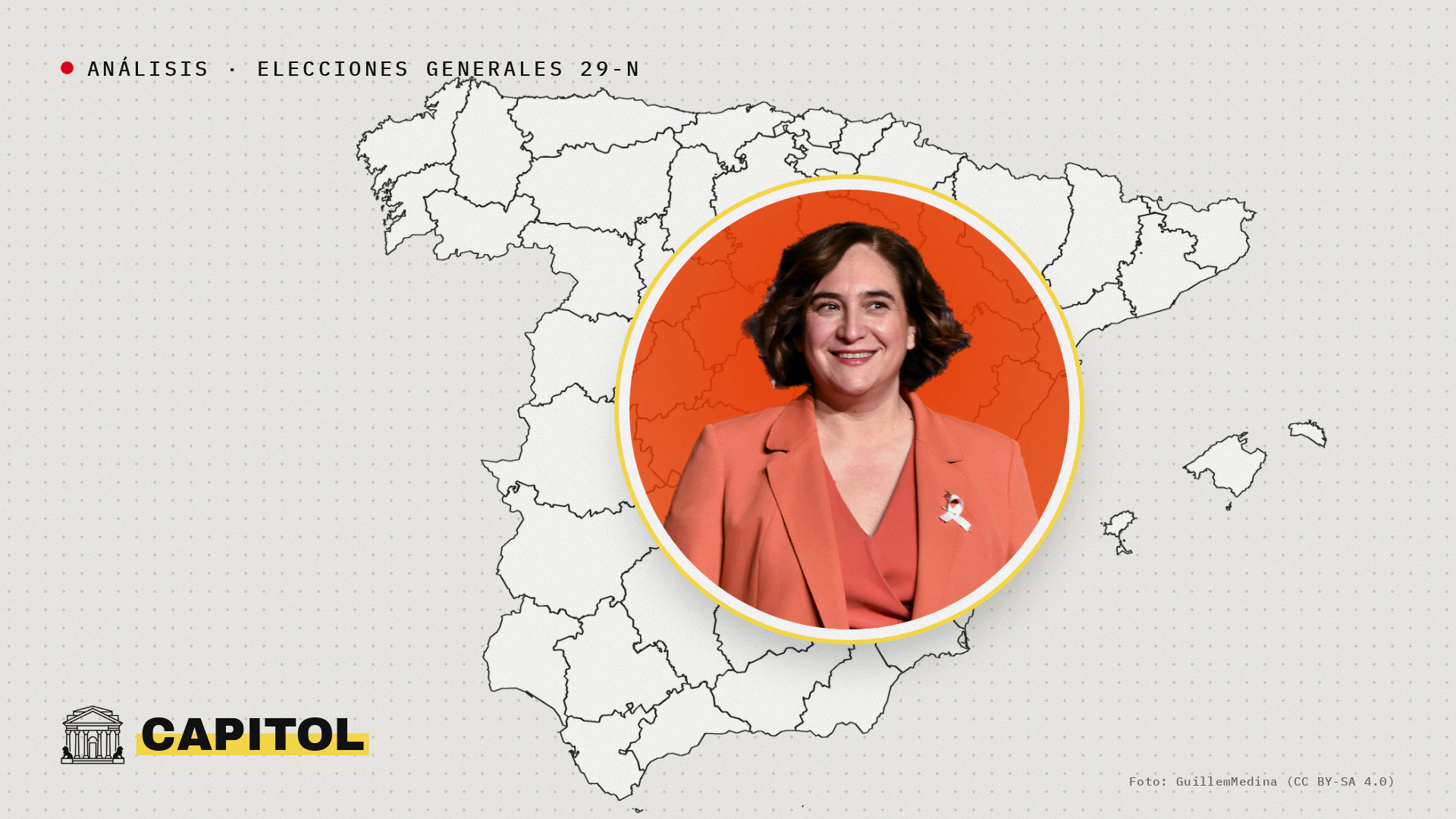 Ada Colau, cabeza de lista del Frente Amplio por Barcelona, sobre el mapa de España