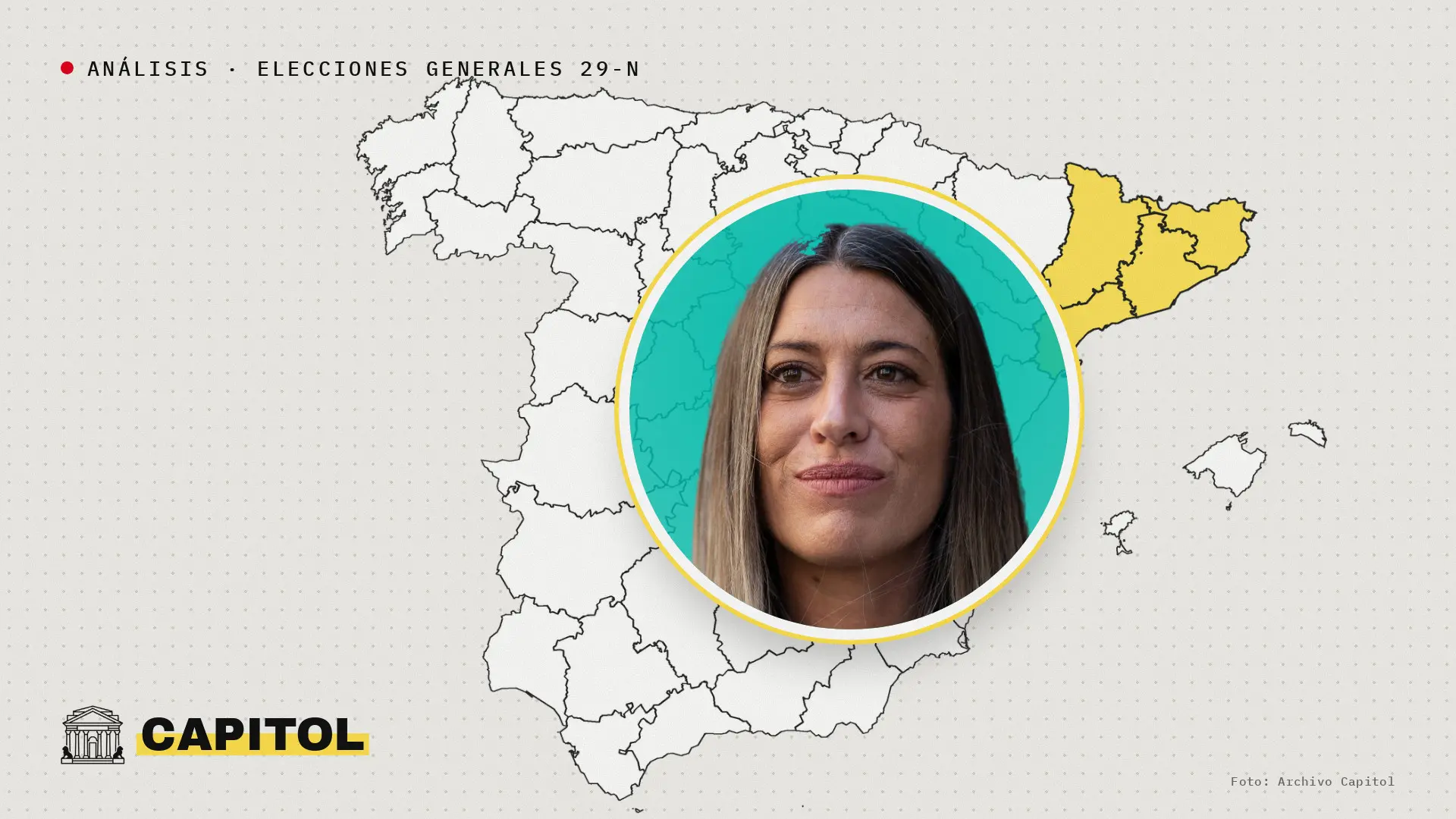 Portada de Capitol con Míriam Nogueras, candidata de Junts, sobre el mapa de España con las cuatro provincias catalanas resaltadas