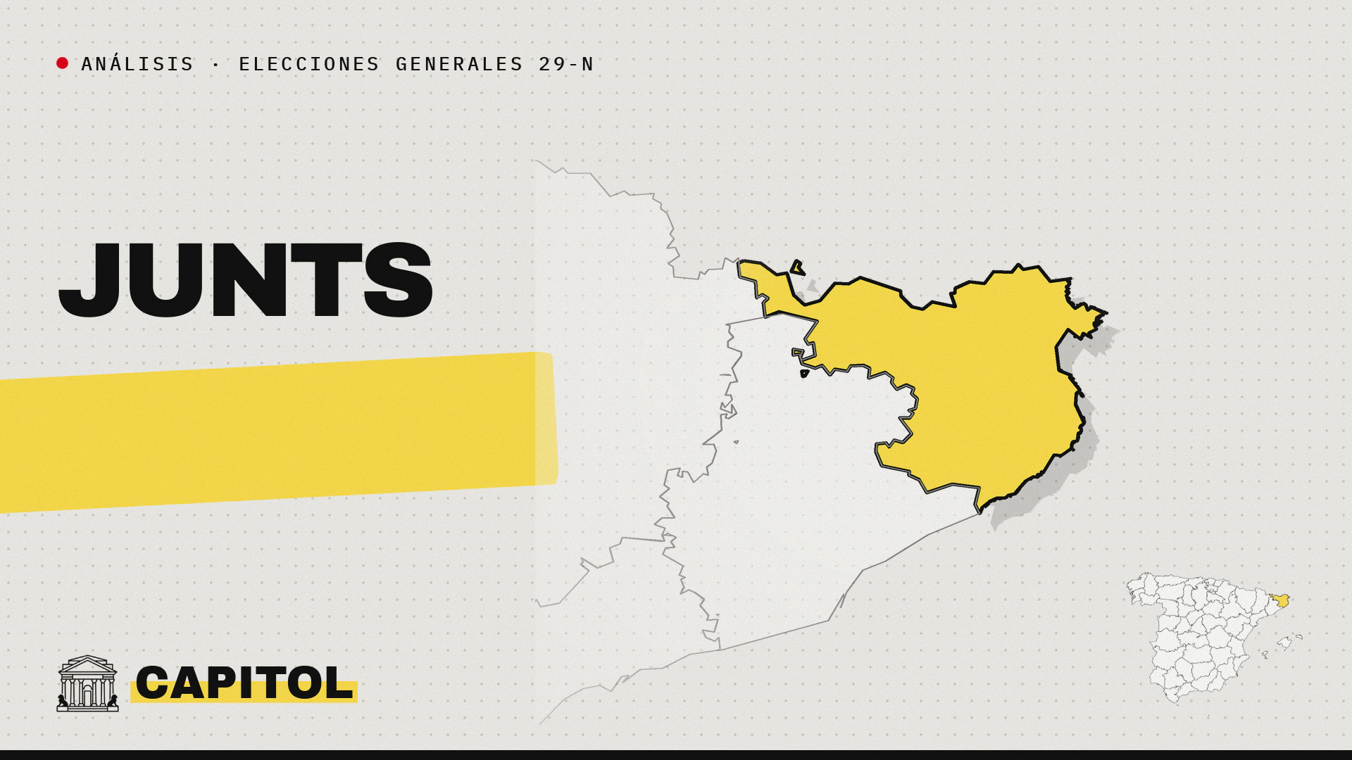Mapa de Cataluña con la provincia de Girona resaltada en amarillo, la palabra Junts y la marca de Capitol
