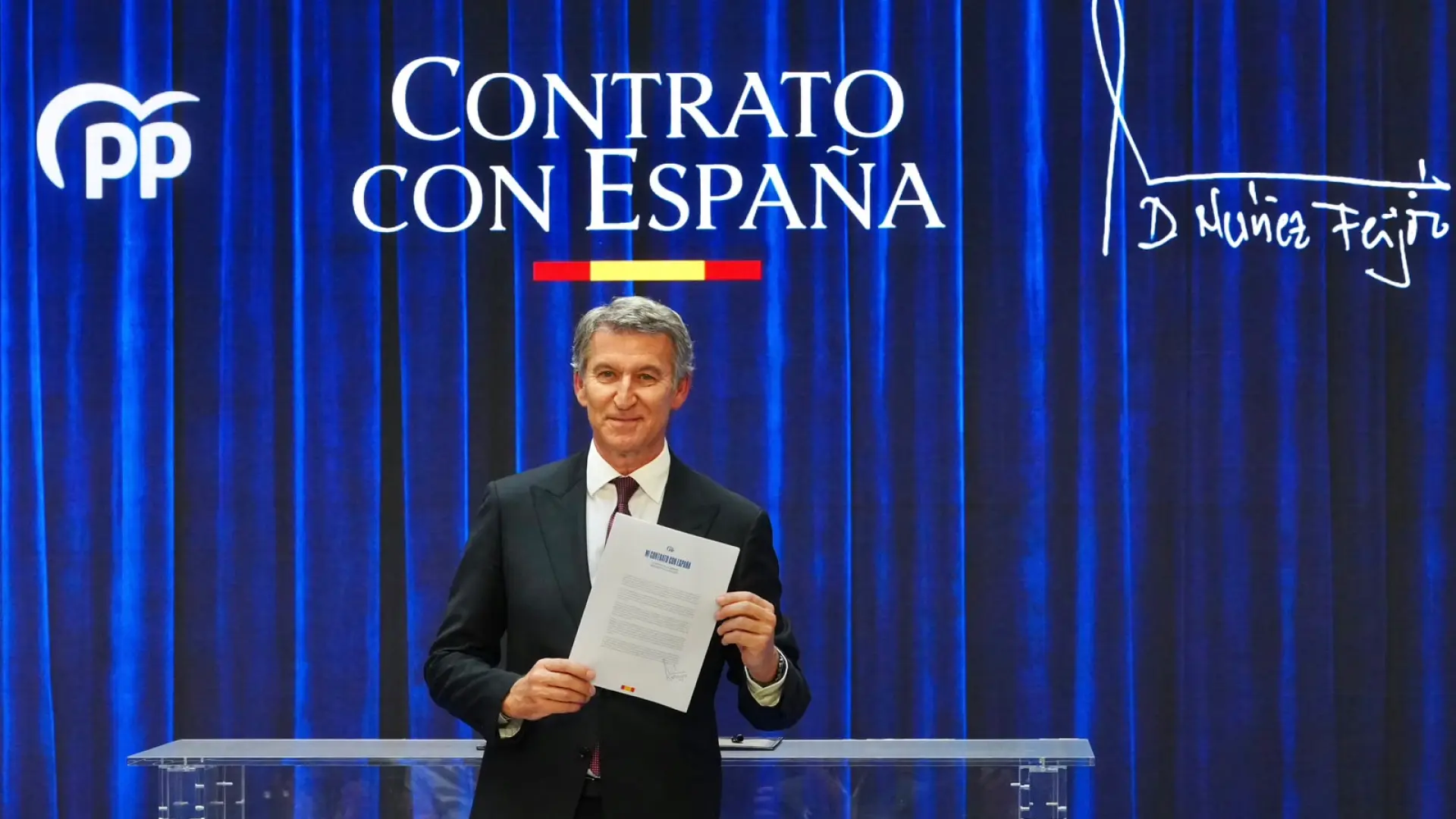 El presidente del Partido Popular, Alberto Núñez Feijóo, durante el acto de firma del 'Contrato con España'.