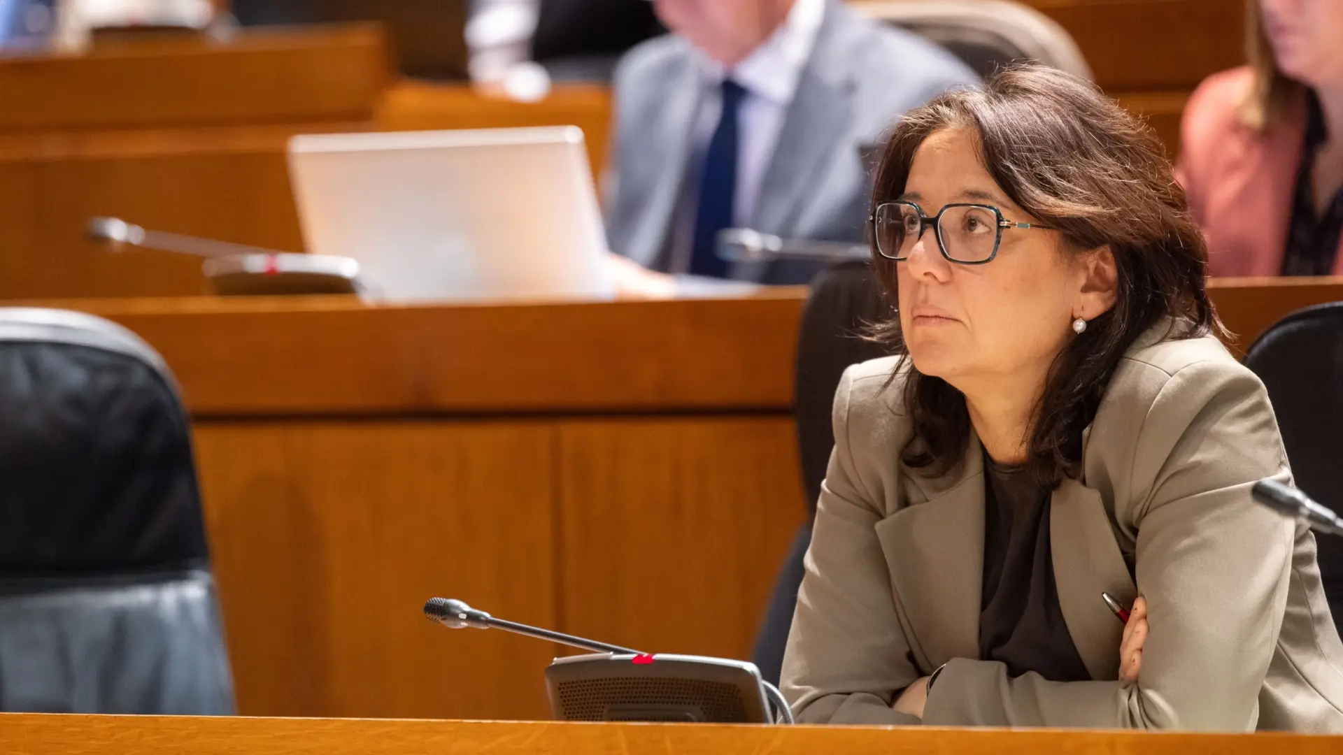 La consejera de Economía, Eva Valle, en su escaño de las Cortes antes de comparecer en el pleno que se celebra este jueves.