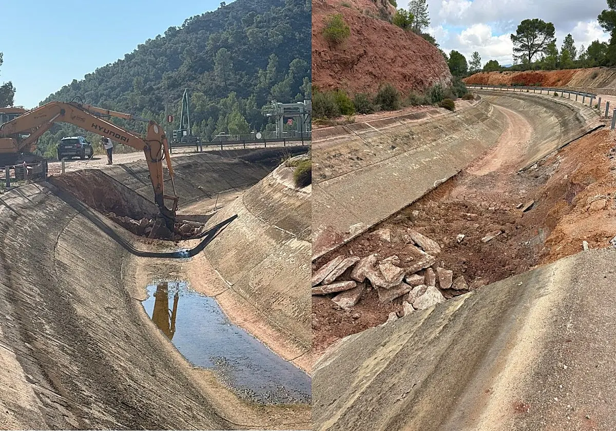 Fotos difundidas por los regantes sobre las obras por rotura en el trasvase Tajo-Segura. Fotos difundidas por los regantes so