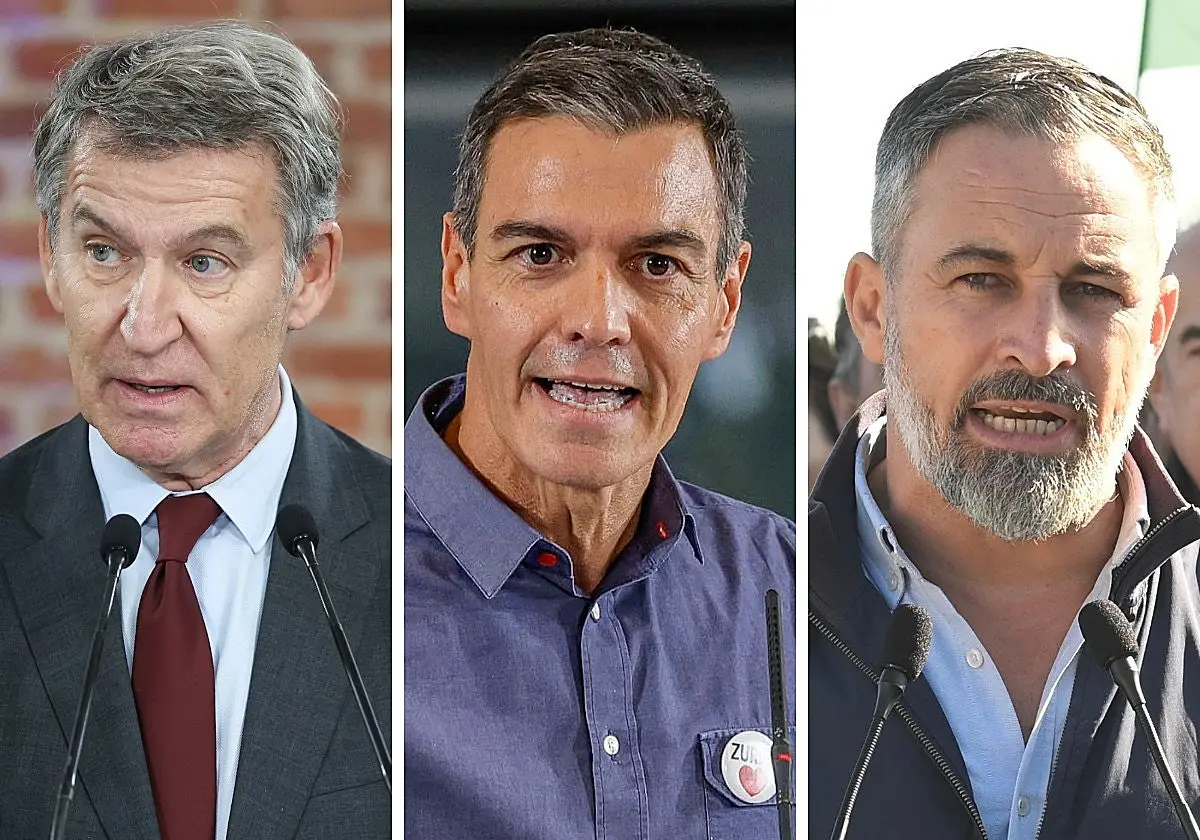 Alberto Núñez Feijóo (PP), Pedro Sánchez (PSOE) y Santiago Abascal (Vox). Alberto Núñez Feijóo (PP), Pedro Sánchez (PSOE) y S