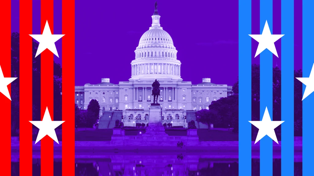 Ilustración del Capitolio de los Estados Unidos con franjas rojas y azules al estilo de las campañas electorales y estrellas