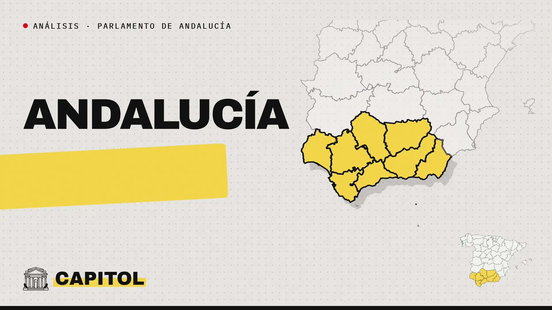 Mapa de Andalucía con sus ocho provincias resaltadas, análisis de Capitol sobre los 109 escaños del Parlamento andaluz
