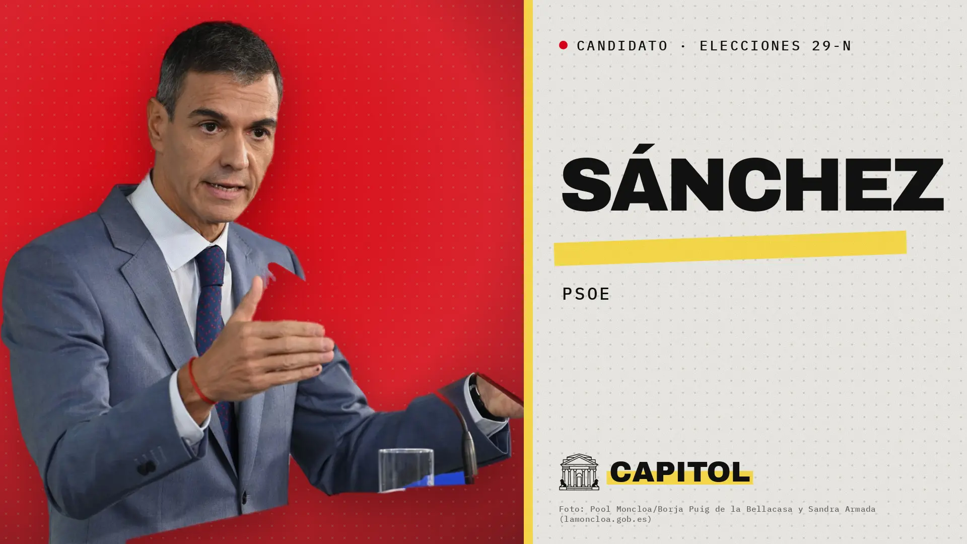 Retrato de Pedro Sánchez, candidato del PSOE a las elecciones generales del 29 de noviembre de 2026