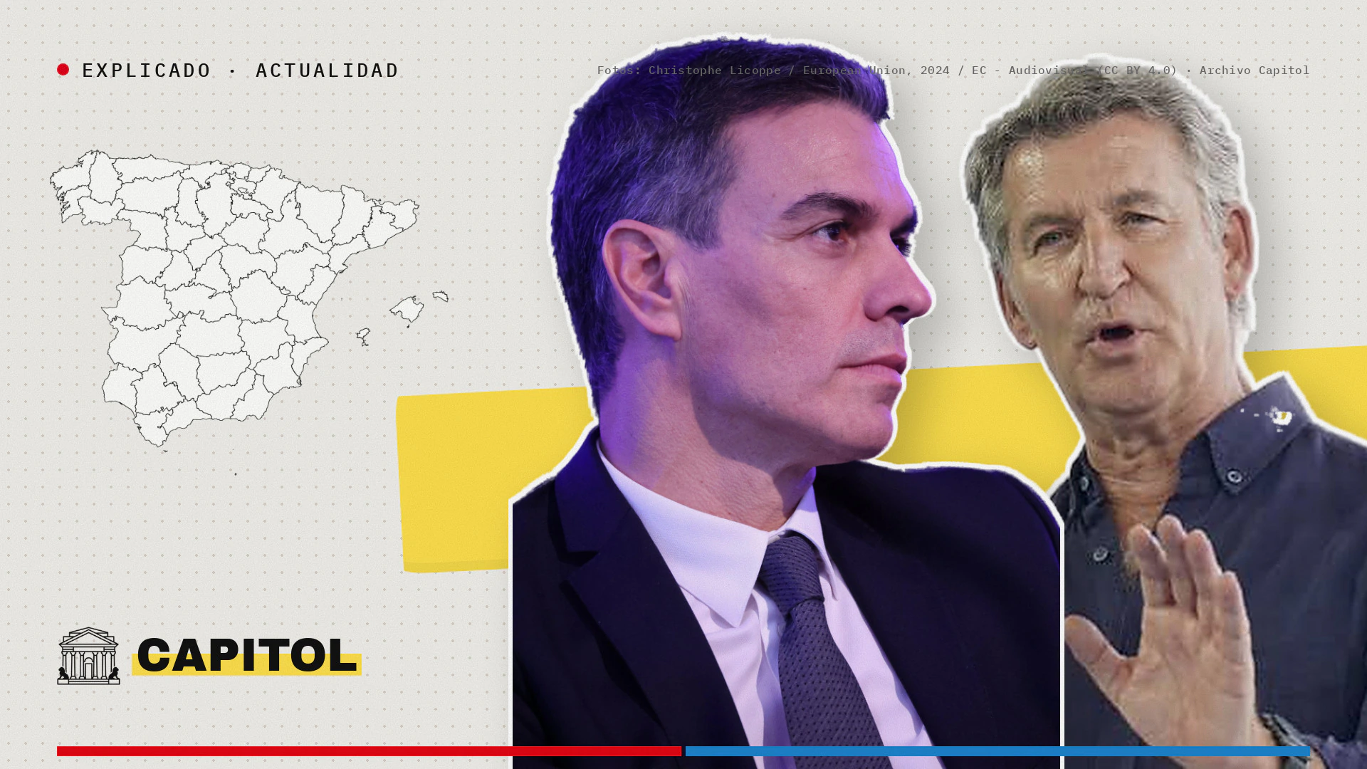 Portada de Capitol con Pedro Sánchez y Alberto Núñez Feijóo, el mapa de España y el rótulo Explicado · Actualidad, para el explicador sobre la reforma constitucional de las pensiones