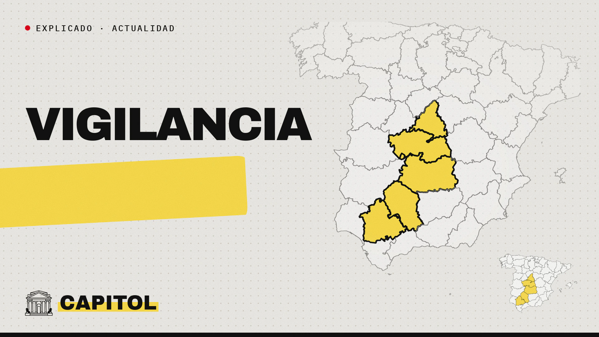Mapa de España con Madrid, Toledo, Ciudad Real, Córdoba y Sevilla, las provincias de la línea de alta velocidad Madrid-Sevilla, y la palabra Vigilancia