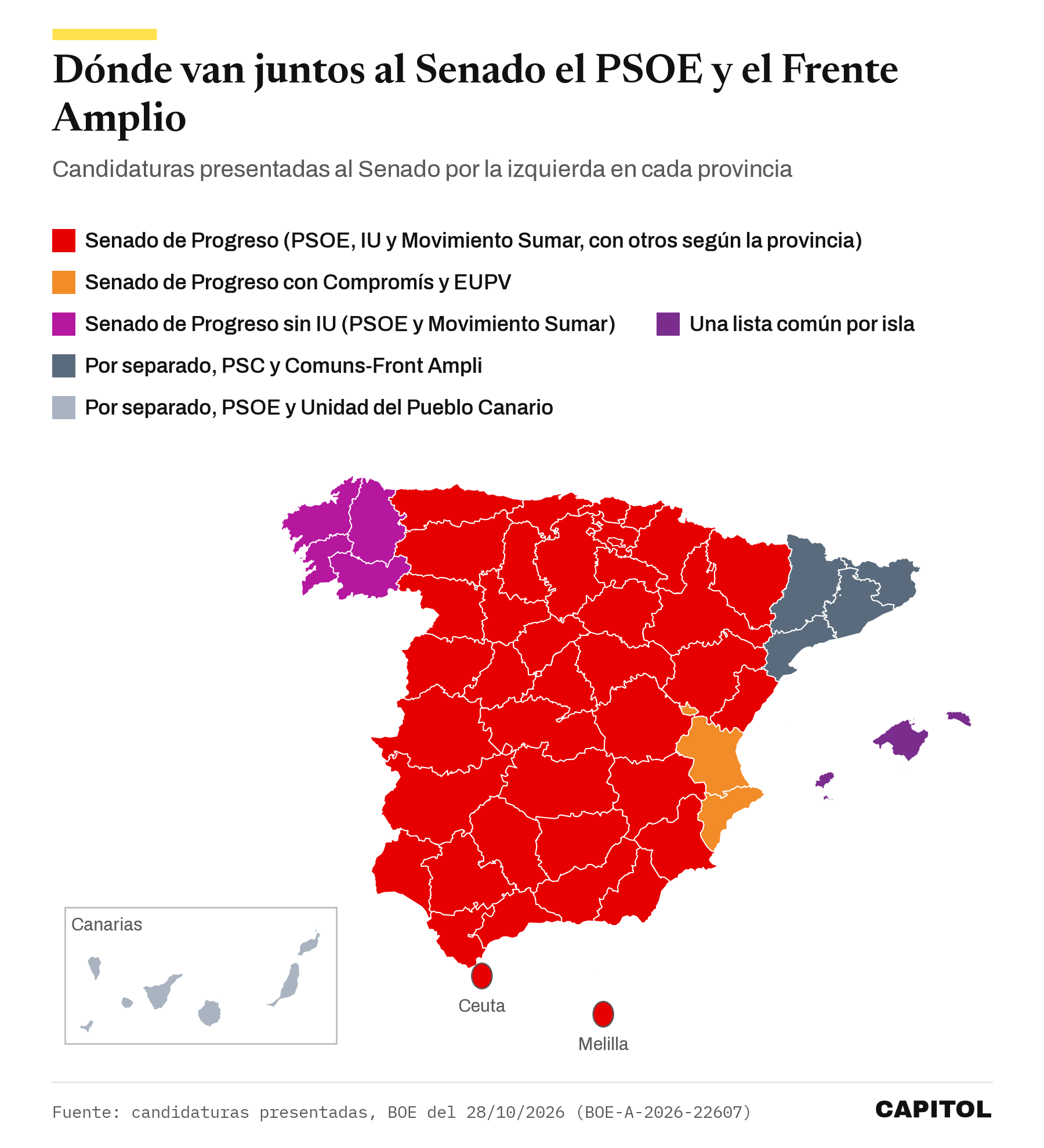 Mapa de España por provincias. Senado de Progreso en casi toda la Península, Ceuta y Melilla, con Compromís en Valencia y Alicante y sin IU en Galicia. Listas comunes por isla en Baleares y listas separadas en Cataluña y Canarias