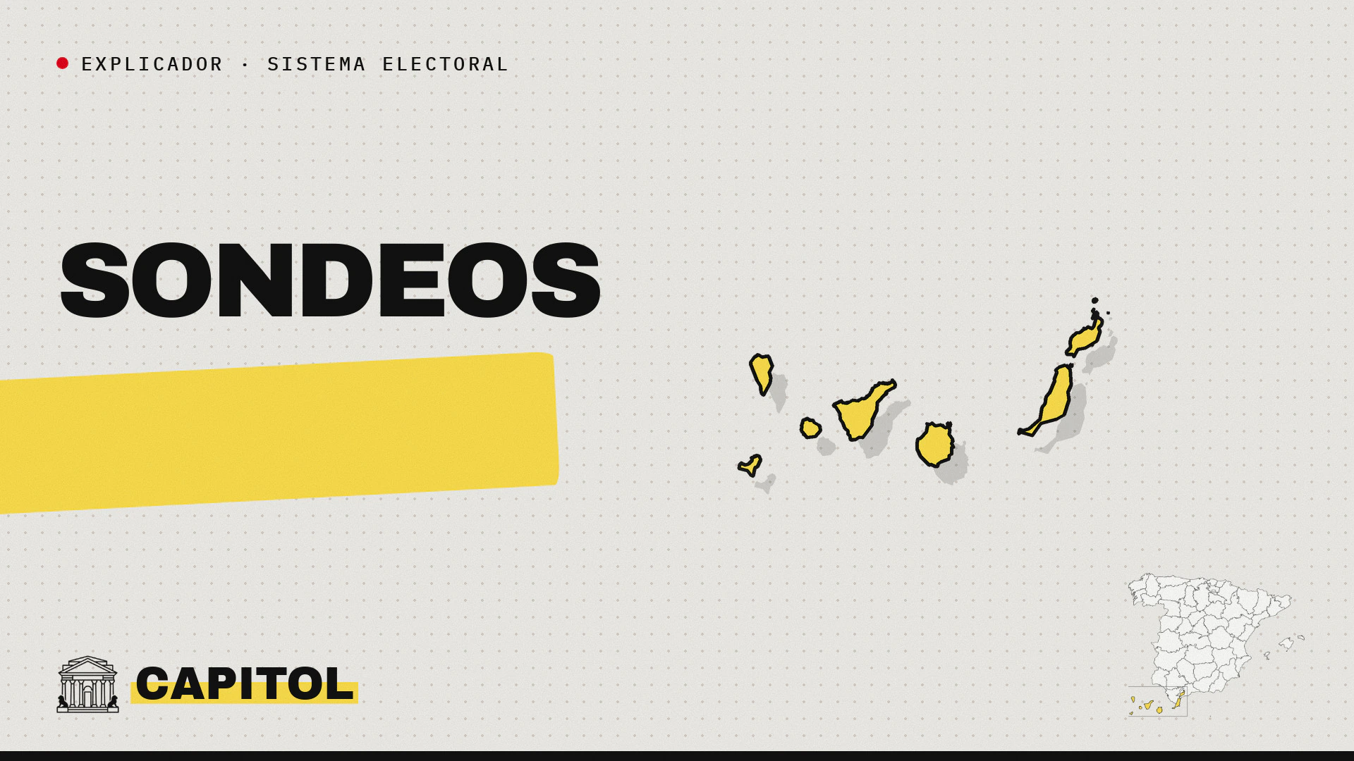 Mapa de las islas Canarias en amarillo con la palabra Sondeos y la marca de Capitol